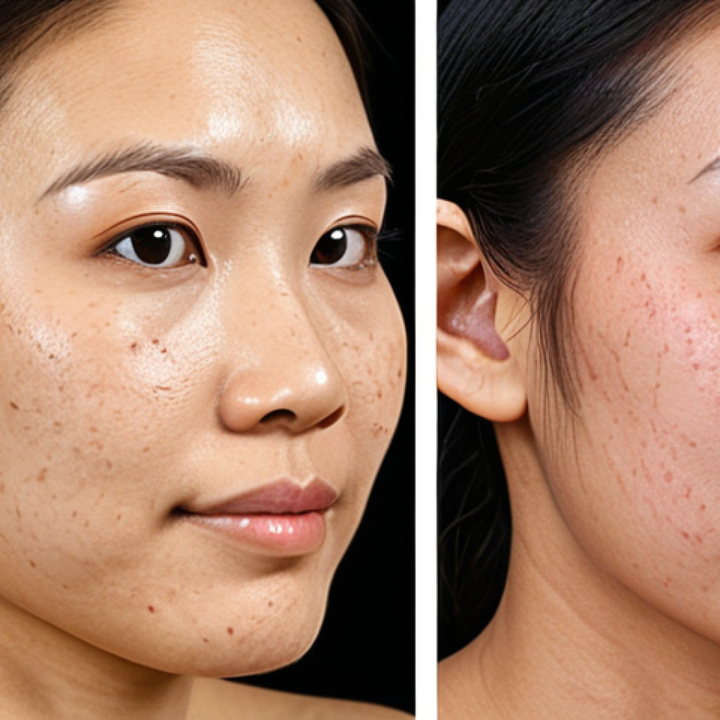 **

A close-up of a Thai woman's face before and after vascular laser treatment. The 'before' side shows visible facial redness and small spider veins, while the 'after' side shows clear, even-toned skin. Subtle, natural makeup. Focus on a realistic and relatable depiction of skin improvement.

**
