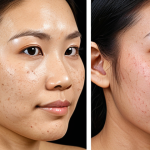 **

A close-up of a Thai woman's face before and after vascular laser treatment. The 'before' side shows visible facial redness and small spider veins, while the 'after' side shows clear, even-toned skin. Subtle, natural makeup. Focus on a realistic and relatable depiction of skin improvement.

**