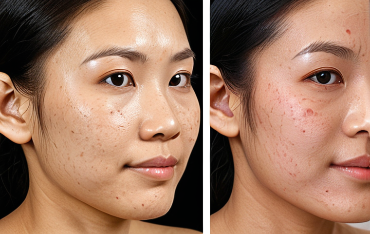 **

A close-up of a Thai woman's face before and after vascular laser treatment. The 'before' side shows visible facial redness and small spider veins, while the 'after' side shows clear, even-toned skin. Subtle, natural makeup. Focus on a realistic and relatable depiction of skin improvement.

**