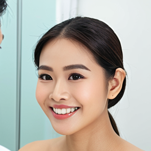 **Image Prompt:** A woman happily looking in a mirror after receiving a non-surgical facial lifting treatment (like HIFU or Thermage). Focus on her confident and youthful appearance. Background should be a modern, clean clinic setting in Thailand.