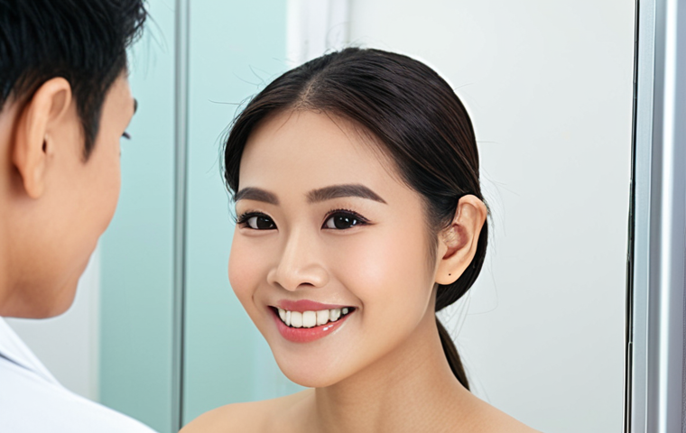 **Image Prompt:** A woman happily looking in a mirror after receiving a non-surgical facial lifting treatment (like HIFU or Thermage). Focus on her confident and youthful appearance. Background should be a modern, clean clinic setting in Thailand.