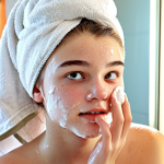 **Teenage girl washing her face in a bright, clean bathroom. Focus on gentle skincare routine, oil-free products, and acne treatment.** (This image captures the essence of the "Teen Skin" section, focusing on cleansing and acne management).