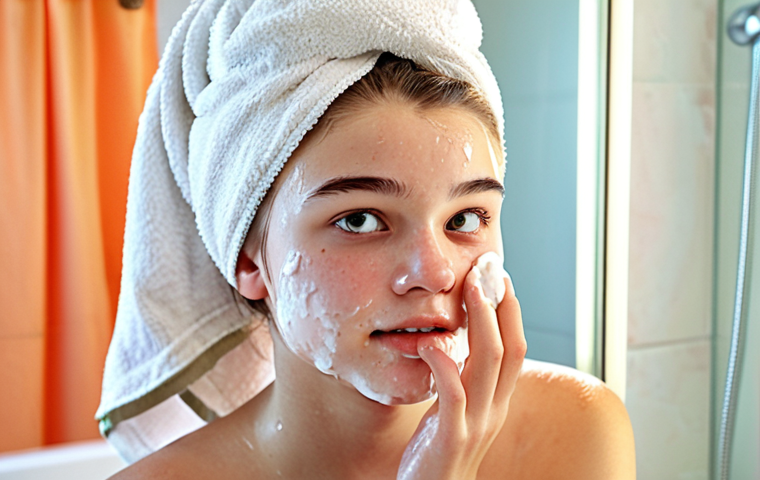 **Teenage girl washing her face in a bright, clean bathroom. Focus on gentle skincare routine, oil-free products, and acne treatment.** (This image captures the essence of the "Teen Skin" section, focusing on cleansing and acne management).