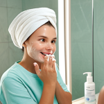 Skincare Routine**

"A young woman with clear skin, fully clothed in a modest casual outfit, carefully applying moisturizer to her face in a brightly lit bathroom, appropriate content, safe for work, natural proportions, professional skincare advertisement, high quality, well-formed hands, proper finger count, modest, family-friendly."

**