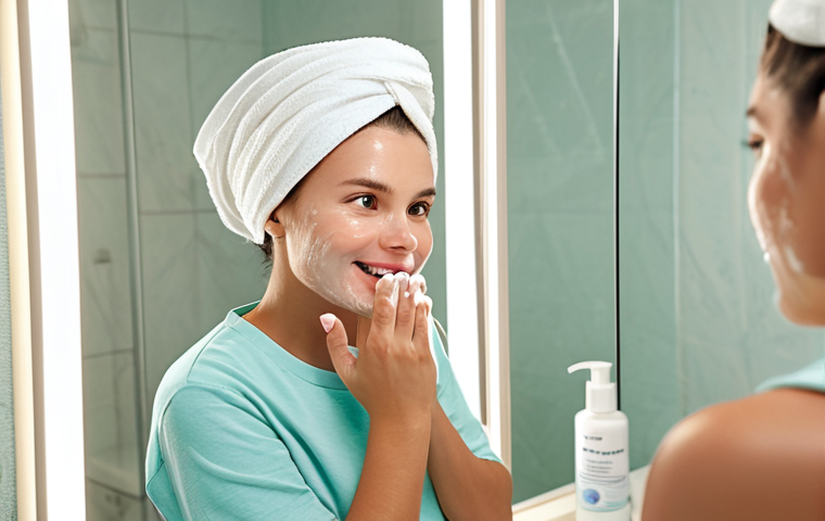 Skincare Routine**

"A young woman with clear skin, fully clothed in a modest casual outfit, carefully applying moisturizer to her face in a brightly lit bathroom, appropriate content, safe for work, natural proportions, professional skincare advertisement, high quality, well-formed hands, proper finger count, modest, family-friendly."

**