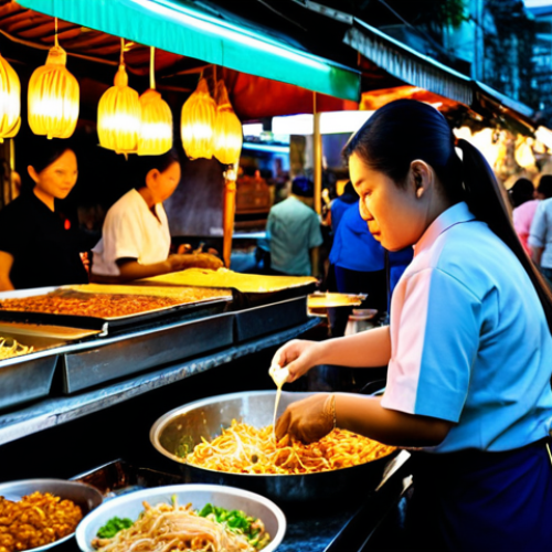 **

A vibrant street food market scene in Bangkok at dusk, showcasing a vendor preparing Pad Thai. The vendor is a Thai woman, fully clothed in a modest, traditional outfit. Street is crowded but clean. Capture the rich colors of the food and surrounding stalls. The lighting is warm and inviting. Safe for work, appropriate content, family-friendly, professional photography, perfect anatomy, natural proportions, high quality.

**