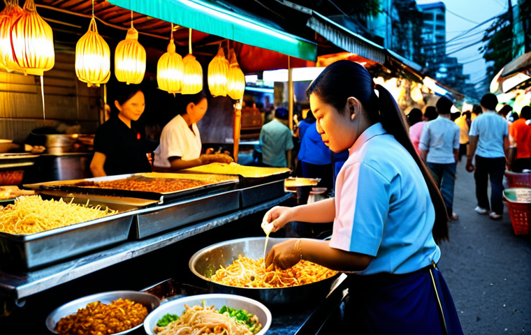**

A vibrant street food market scene in Bangkok at dusk, showcasing a vendor preparing Pad Thai. The vendor is a Thai woman, fully clothed in a modest, traditional outfit. Street is crowded but clean. Capture the rich colors of the food and surrounding stalls. The lighting is warm and inviting. Safe for work, appropriate content, family-friendly, professional photography, perfect anatomy, natural proportions, high quality.

**
